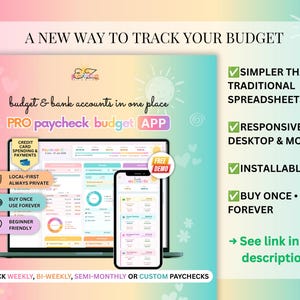 May include: A digital budget tracking application displayed on a laptop and smartphone screen. The interface features colourful charts, financial data, and text including A NEW WAY TO TRACK YOUR BUDGET, PRO paycheck budget APP, and various feature lists.