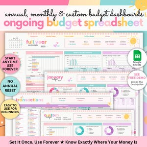 May include: A digital budget spreadsheet for Google Sheets featuring annual, monthly, and custom dashboards. The interface displays colorful charts, pie graphs, and financial tables with text including 'full year overview 2025', 'january', and 'transactions'.