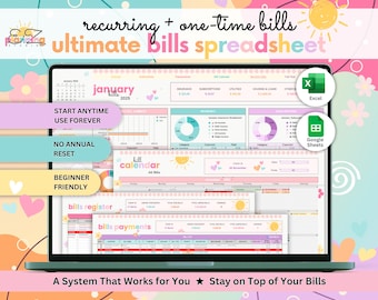 May include: A digital bills spreadsheet displayed on a laptop screen, featuring tabs for recurring and one-time bills, a bill calendar, and a bills register. The interface includes colourful charts, pie graphs, and text labels for Excel and Google Sheets compatibility.