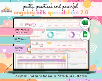 May include: A digital ongoing bills spreadsheet 2.0 displayed on a laptop screen, featuring a January 2025 calendar, bill lists, and financial charts. Text includes "pretty, practical and powerful ongoing bills spreadsheet 2.0", "START ANYTIME USE FOREVER", "NO ANNUAL RESET", "BEGINNER FRIENDLY", and "A System That Works for You Never Miss a Bill Again".