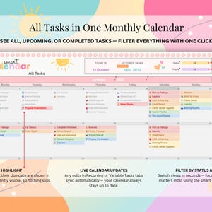 K&ouml;nnte beinhalten: Ein digitaler Monatskalender mit rosa und wei&szlig;em Design. Der Kalender zeigt Aufgaben mit farbcodierten Kategorien an und enth&auml;lt den Text "All Tasks in One Monthly Calendar". Er hebt &uuml;berf&auml;llige Aufgaben rot hervor und bietet Live-Updates.