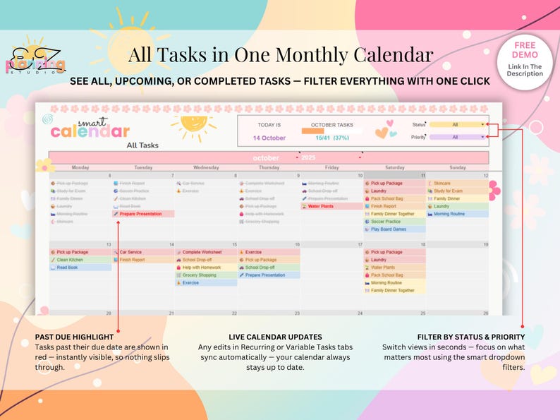 K&ouml;nnte beinhalten: Ein digitaler Monatskalender mit rosa und wei&szlig;em Design. Der Kalender zeigt Aufgaben mit farbcodierten Kategorien an und enth&auml;lt den Text "All Tasks in One Monthly Calendar". Er hebt &uuml;berf&auml;llige Aufgaben rot hervor und bietet Live-Updates.