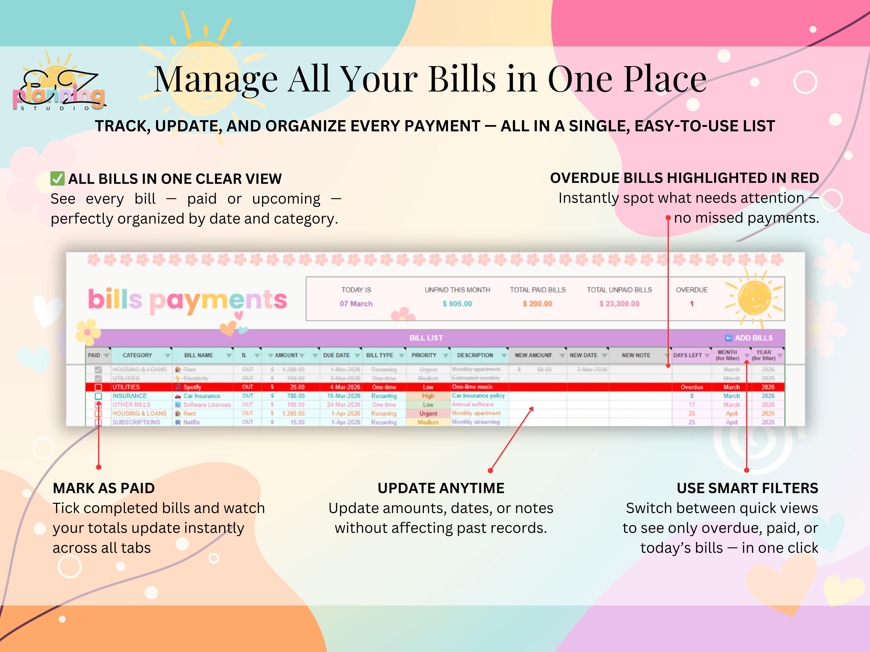 Ultimate Bill Tracker Spreadsheet for Google Sheets & Excel • Recurring ...