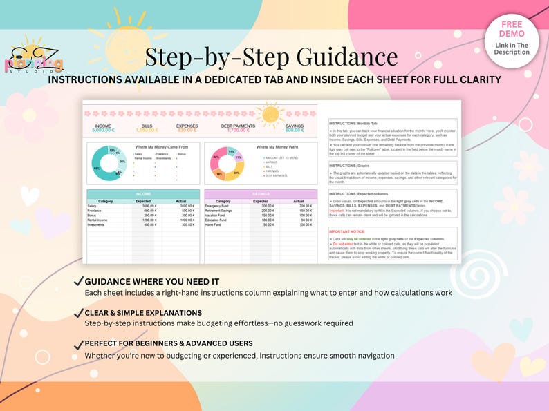 May include: A digital budget planner template featuring a dashboard with income, bills, expenses, debt, and savings trackers. It includes pie charts, data tables, and a sidebar with step-by-step instructions for financial management and tracking.