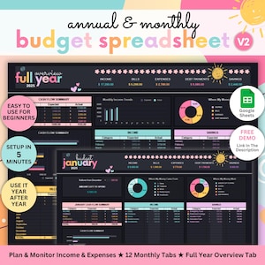 Puede incluir: Una hoja de cálculo de presupuesto digital con un fondo negro y acentos coloridos. La hoja de cálculo incluye secciones para ingresos, gastos y ahorros, con el texto "annual & monthly budget spreadsheet" en la parte superior. La imagen también incluye el texto "Easy to use for beginners" y "Setup in 5 minutes".
