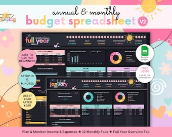 May include: A digital annual and monthly budget spreadsheet for 2025 with a dark theme, featuring colourful charts, tables for income and expenses, and text including full year overview, budget january, and Google Sheets icons on a pink background.
