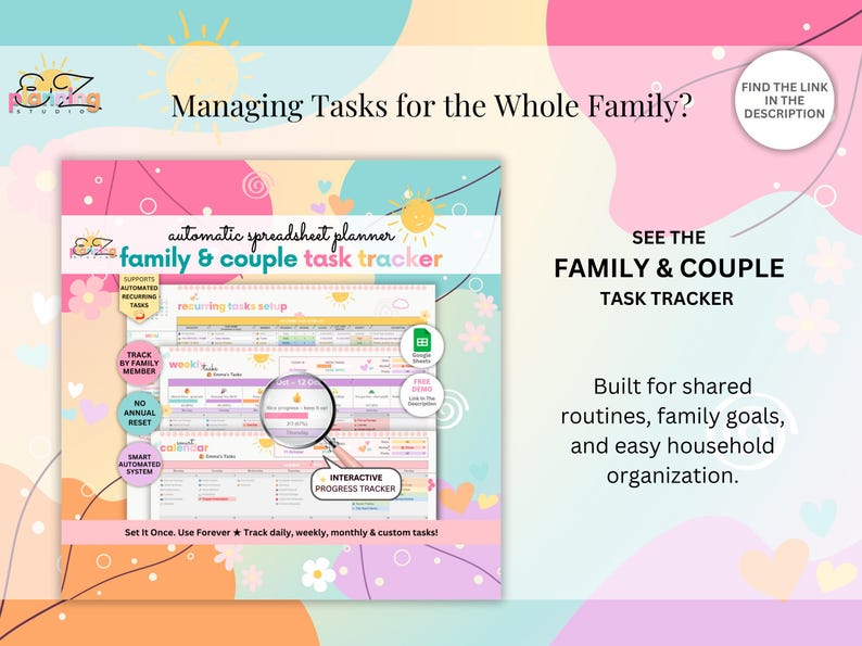 K&ouml;nnte beinhalten: Ein farbenfrohes Grafikdesign, das einen Familien- und Paar-Aufgabenplaner bewirbt. Das Bild zeigt den Text "Aufgaben f&uuml;r die ganze Familie verwalten?" und "Familien- und Paar-Aufgabenplaner". Es hebt Funktionen wie automatisierte Aufgaben hervor.