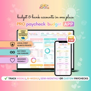Puede incluir: Una aplicación digital de seguimiento de presupuesto y cuentas bancarias mostrada en la pantalla de una computadora portátil y un teléfono inteligente. La interfaz presenta gráficos coloridos, datos financieros y texto que incluye budget & bank accounts in one place, PRO paycheck budget APP y track weekly, bi-weekly, semi-monthly or custom paychecks.