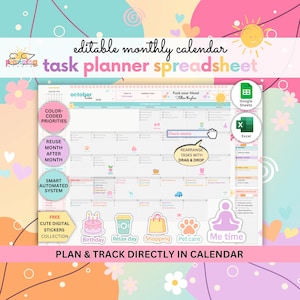 May include: A digital task planner spreadsheet with the text "editable monthly calendar" and "task planner spreadsheet". The calendar includes color-coded priorities, and the ability to reuse the month after month. It also includes cute digital stickers.
