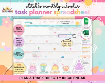 ADHD bearbeitbare monatliche Aufgabenkalender-Arbeitsblatt • Automatische Google Sheets & Excel Digital Planner