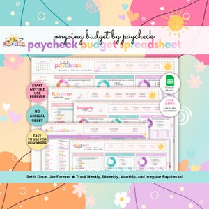 May include: A digital spreadsheet template with a pastel color scheme, designed for budgeting by paycheck. The image includes the text "paycheck budget spreadsheet", "full year 2025", and "Google Sheets". It also features circular buttons with text like "Start Anytime Use Forever".