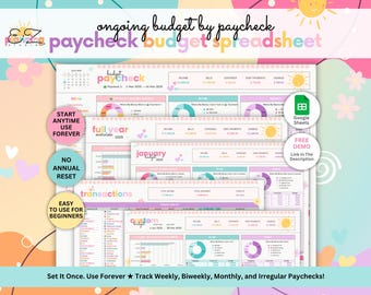 Paycheck Ongoing Budget Spreadsheet • Paycheck by Paycheck, Monthly, Annual & Custom Dashboards • No End Date Finance Google Sheets Template