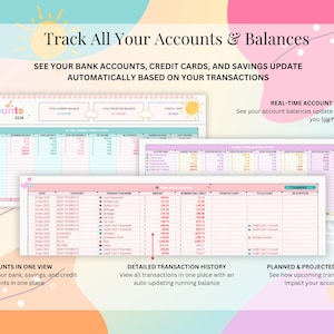 May include: A digital financial tracking spreadsheet template featuring pastel pink, yellow, and blue accents. The interface displays tables for bank accounts, credit cards, and savings, with text reading Track All Your Accounts & Balances.