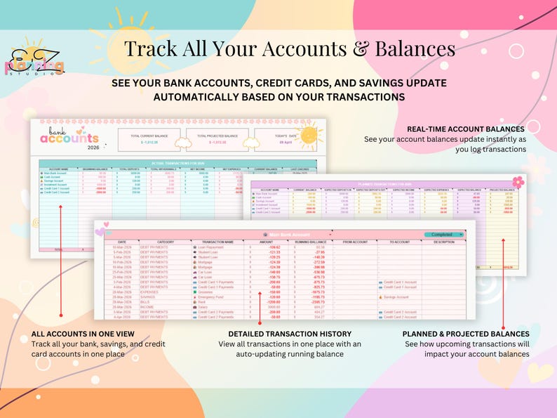 May include: A digital financial tracking spreadsheet template featuring pastel pink, yellow, and blue accents. The interface displays tables for bank accounts, credit cards, and savings, with text reading Track All Your Accounts & Balances.