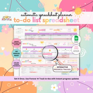May include: A digital to-do list spreadsheet with a pink and purple color scheme. The spreadsheet includes sections for daily, weekly, and monthly tasks, with an interactive progress tracker. Features include a smart automated system and color-coded feedback.