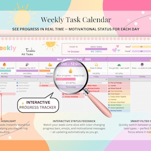 K&ouml;nnte beinhalten: Digitaler Wochenaufgabenkalender mit rosa und lila Thema. Der Kalender enth&auml;lt interaktive Fortschrittsverfolgung, Status-Feedback und intelligente Filtersteuerungen. Der Text enth&auml;lt "Weekly Task Calendar" und "See progress in real time".