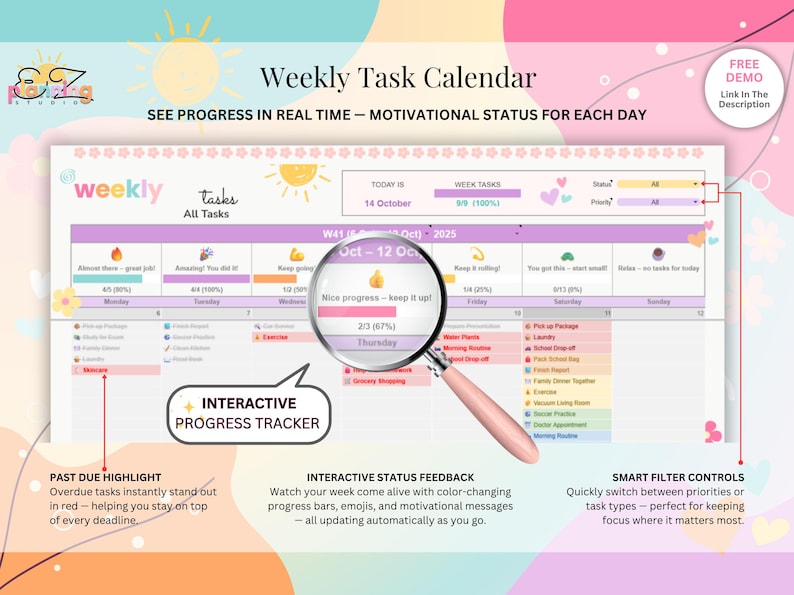 K&ouml;nnte beinhalten: Digitaler Wochenaufgabenkalender mit rosa und lila Thema. Der Kalender enth&auml;lt interaktive Fortschrittsverfolgung, Status-Feedback und intelligente Filtersteuerungen. Der Text enth&auml;lt "Weekly Task Calendar" und "See progress in real time".