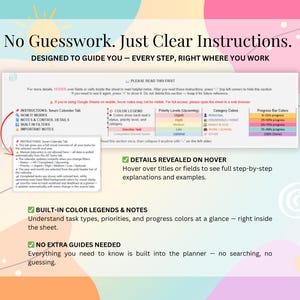K&ouml;nnte beinhalten: Eine digitale Planer-Oberfl&auml;che mit dem Text &bdquo;No Guesswork. Just Clear Instructions.&ldquo; Das Design umfasst farbcodierte Abschnitte f&uuml;r Aufgabentypen, Priorit&auml;ten und Fortschritte. Der Planer bietet Hover-Details und integrierte Farblegenden.