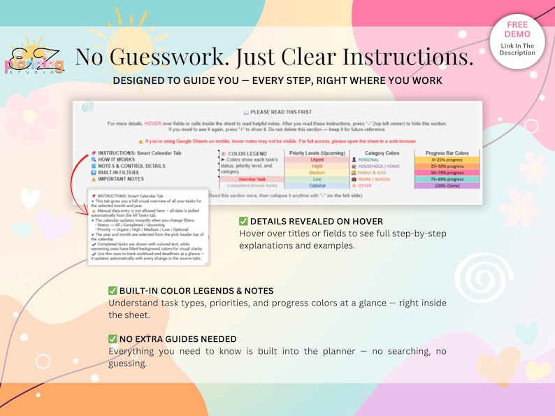 K&ouml;nnte beinhalten: Eine digitale Planer-Oberfl&auml;che mit dem Text &bdquo;No Guesswork. Just Clear Instructions.&ldquo; Das Design umfasst farbcodierte Abschnitte f&uuml;r Aufgabentypen, Priorit&auml;ten und Fortschritte. Der Planer bietet Hover-Details und integrierte Farblegenden.