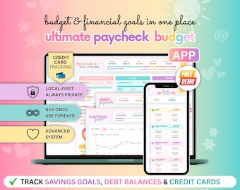 May include: A digital budget and financial tracking application displayed on a laptop screen and a smartphone. The interface features pastel colours, charts, and text including "ultimate paycheck budget," "credit card tracking," and "bank accounts."