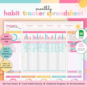 May include: A colorful digital habit tracker spreadsheet with the text "monthly habit tracker spreadsheet." The spreadsheet includes sections for tracking goals, progress, and habits. It features a pink, blue, and yellow color scheme with the text "January 2025."