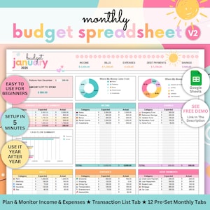 Spreadsheet maandbudget • Google Spreadsheets Financiën-sjabloon • Eenvoudige financiële planner en onkostenregistratie voor beginners • 12 maandelijkse tabbladen