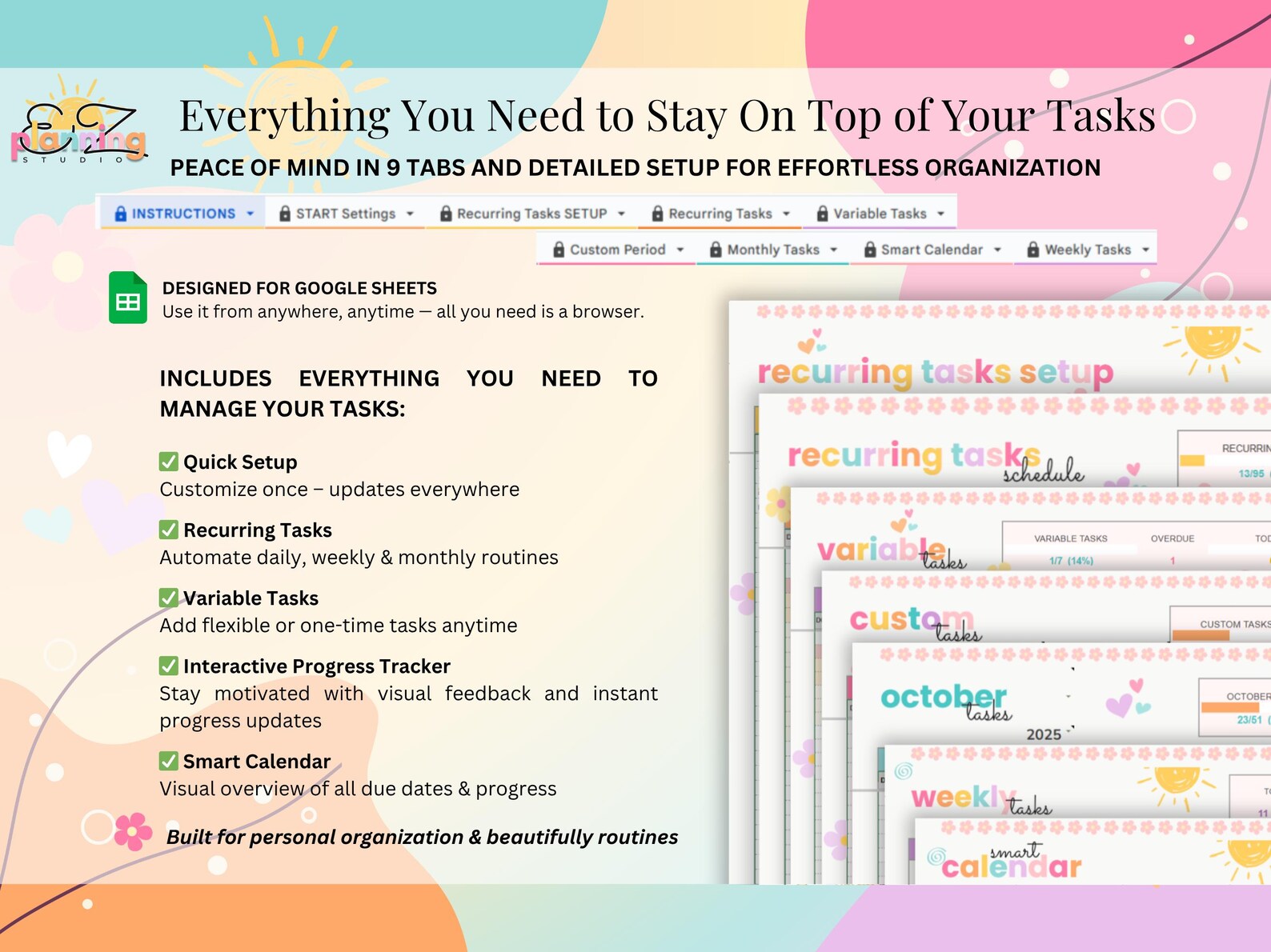 Personal Task Tracker Spreadsheet • Automatic Google Sheets Planner for ...