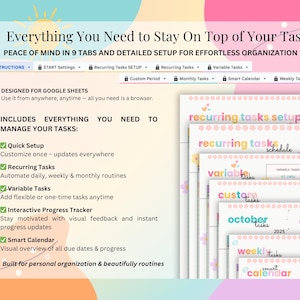K&ouml;nnte beinhalten: Digitaler Planer f&uuml;r Google Sheets, mit Pastellfarben und dem Text "Everything You Need to Stay On Top of Your Tasks." Enth&auml;lt Abschnitte f&uuml;r wiederkehrende Aufgaben, variable Aufgaben und einen intelligenten Kalender.