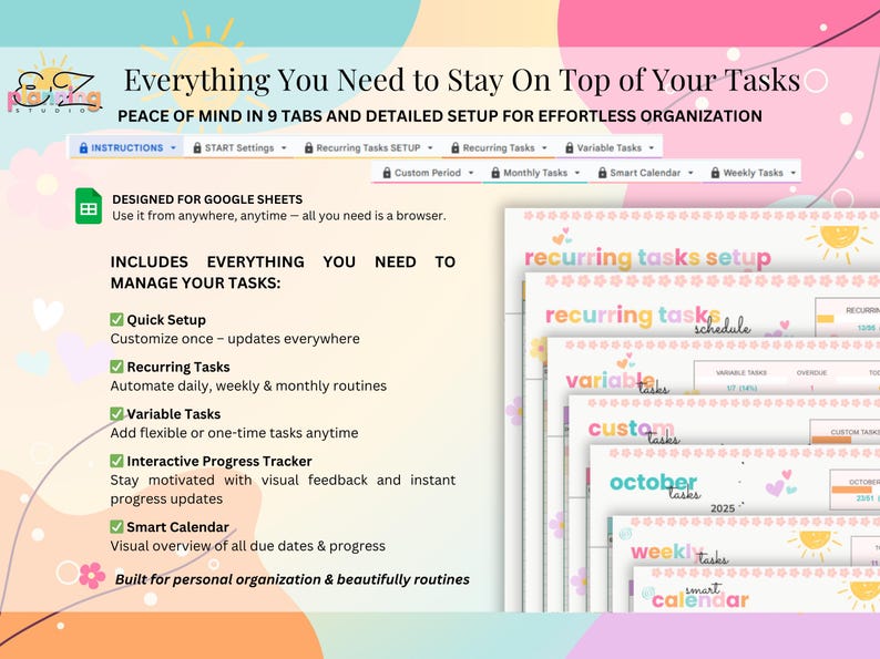 K&ouml;nnte beinhalten: Digitaler Planer f&uuml;r Google Sheets, mit Pastellfarben und dem Text "Everything You Need to Stay On Top of Your Tasks." Enth&auml;lt Abschnitte f&uuml;r wiederkehrende Aufgaben, variable Aufgaben und einen intelligenten Kalender.