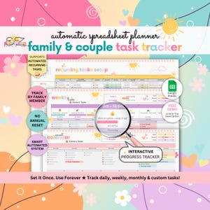 May include: A digital spreadsheet planner for families and couples, featuring a task tracker. The design includes the text "family & couple task tracker", "recurring tasks setup", and "interactive progress tracker". The planner supports automated recurring tasks and a smart calendar.