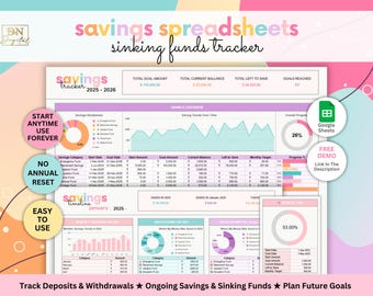 Sinking Funds Tracker • Google Sheets Savings Goal Planner • Track Deposits & Withdrawals • Easy Budget Template for Beginners