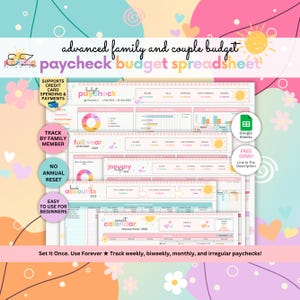 May include: A digital spreadsheet with a pink and white design, titled "advanced family and couple budget paycheck budget spreadsheet." Features include tracking by family member, no annual reset, and easy use for beginners. Includes a free demo link.