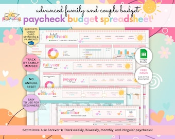Paycheck Budget Spreadsheet for Family & Couple, Ongoing Advanced Google Sheets Template with Accounts, Income and Expense Tracker by Member