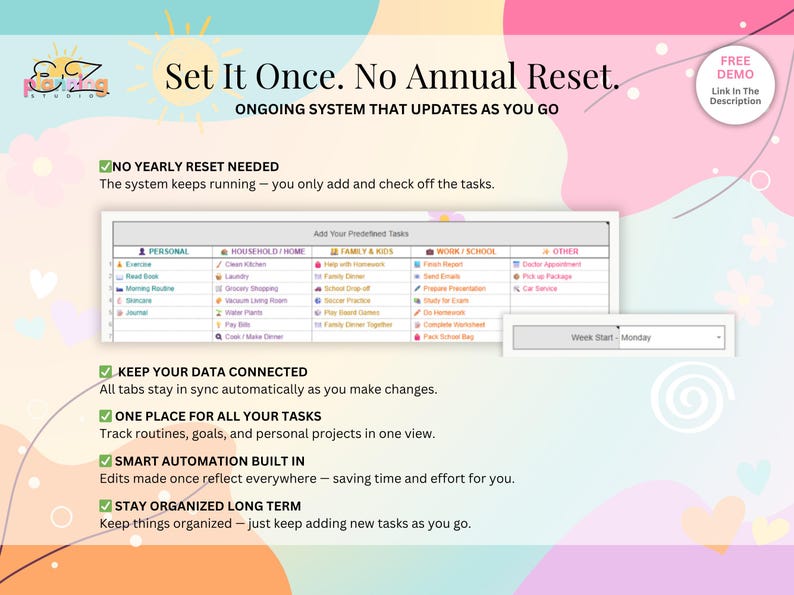 K&ouml;nnte beinhalten: Digitale Planer-Oberfl&auml;che mit dem Text &bdquo;Set It Once. No Annual Reset.&ldquo; Die Oberfl&auml;che ist in Abschnitte f&uuml;r pers&ouml;nliche, Haushalts-, Familien- und Arbeitsaufgaben unterteilt. Das Design enth&auml;lt eine Sonnengrafik und den Text &bdquo;FREE DEMO Link In The Description.&ldquo;