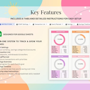 May include: A Google Sheets template designed to help track and grow savings. The template includes six tabs: Start Settings, Transaction List, Due & Planned, Savings, Savings Timeline, and Instructions. The template features a colorful design with pink, yellow, and purple accents. The image shows a sample of the Savings tab, which includes a visual representation of savings progress for different categories, such as Emergency Fund, Home Fund, and Retirement Savings.