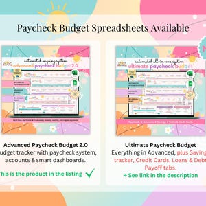 May include: Two digital budget spreadsheet displays on a laptop screen with pastel floral backgrounds. The left shows Advanced Paycheck Budget 2.0, the right shows Ultimate Paycheck Budget. Text includes Paycheck Budget Spreadsheets Available.