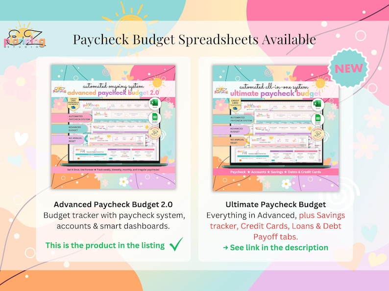 May include: Two digital budget spreadsheet displays on a laptop screen with pastel floral backgrounds. The left shows Advanced Paycheck Budget 2.0, the right shows Ultimate Paycheck Budget. Text includes Paycheck Budget Spreadsheets Available.