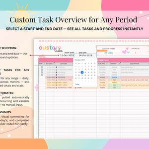 K&ouml;nnte beinhalten: Digitale Aufgaben&uuml;bersicht mit rosa und wei&szlig;em Design. Die Oberfl&auml;che zeigt einen Kalender, eine Aufgabenliste und Fortschrittsanzeigen. Der Text lautet "Custom Task Overview for Any Period" und hebt Funktionen wie Datums- und Automatisierung hervor.