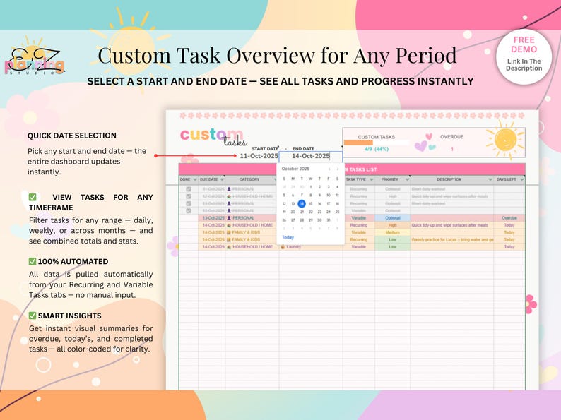 Personal Task Tracker Spreadsheet • Automatic Google Sheets Planner for ...