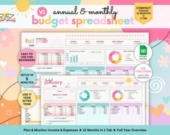 Hoja de cálculo compacta para presupuesto anual y mensual • Controla ingresos, gastos, ahorros y deudas • 12 meses en una sola pestaña • Plantilla de presupuesto para Google Sheets