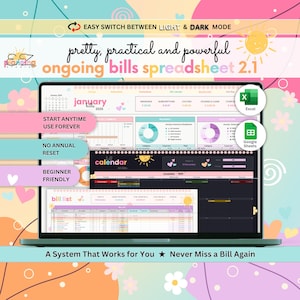 May include: A laptop screen shows a spreadsheet interface with the text "ongoing bills spreadsheet 2.1." The interface includes a calendar, charts, and bill lists. The background is decorated with pastel colours and floral designs. Text on the screen reads "Start Anytime, Use Forever."