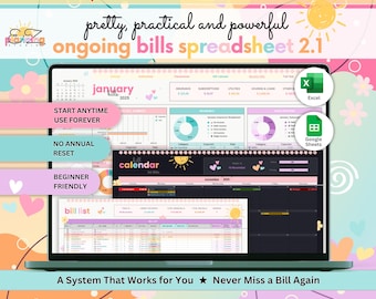 May include: A laptop screen displaying an ongoing bills spreadsheet 2.1 with light and dark mode options. The interface features a January 2025 calendar, bill lists, and pie charts for insurance and subscriptions, compatible with Excel and Google Sheets.