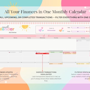 May include: A digital monthly financial calendar interface titled Smart Calendar with a pastel colour scheme. It displays transaction entries, status and priority dropdown filters, and a November 2025 header. Overdue items are highlighted in red.