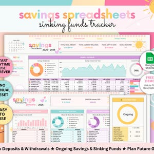 May include: A colourful digital printable spreadsheet for tracking savings and sinking funds. The spreadsheet includes a savings tracker, a timeline, and a progress chart. The text "savings spreadsheets sinking funds tracker" is at the top of the image. The text "savings tracker 2025-2026" is in the upper left corner of the image. The text "savings timeline January - 2025" is in the lower left corner of the image. The text "Ongoing" is in the lower right corner of the image. The text "Google Sheets" is in the upper right corner of the image.
