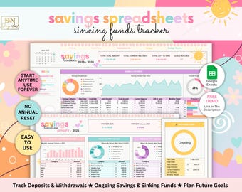 Sinking Funds Spreadsheet • Savings Planner and Tracker for Google Sheets •Track Deposits & Withdrawals • Simple Beginner-Friendly Template