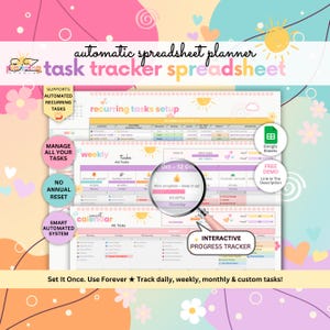 May include: A digital spreadsheet planner with a pastel color scheme. The planner includes sections for recurring tasks, weekly tasks, and a smart calendar. Text includes "automatic spreadsheet planner" and "task tracker spreadsheet".