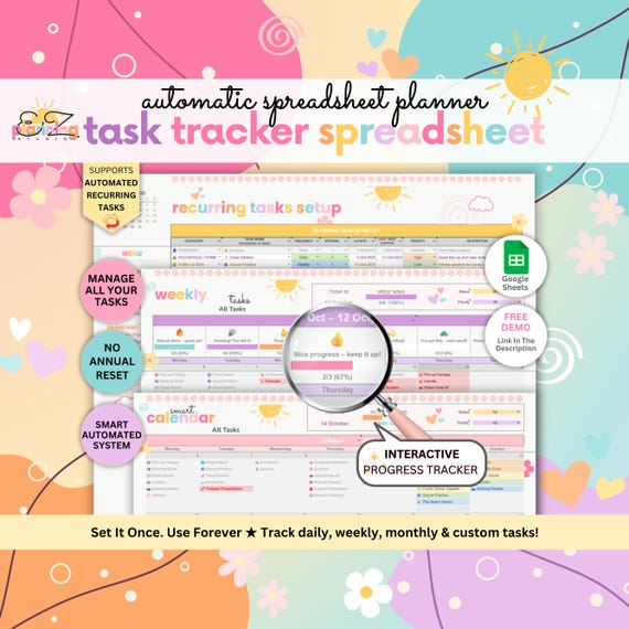 Personal Task Tracker Spreadsheet • Automatic Google Sheets Planner for Recurring & One-Time Tasks