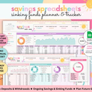 Puede incluir: Una hoja de cálculo digital imprimible colorida para realizar un seguimiento de los ahorros y los fondos de previsión. La hoja de cálculo incluye un calendario, gráficos y tablas para ayudarte a planificar y hacer un seguimiento de tus finanzas. El texto de la imagen dice "savings spreadsheets sinking funds planner & tracker".