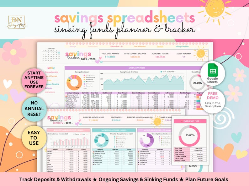 May include: A colorful digital printable spreadsheet for tracking savings and sinking funds. The spreadsheet includes a calendar, charts, and tables to help you plan and track your finances. The text on the image reads "savings spreadsheets sinking funds planner & tracker".