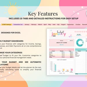 May include: A digital budget planner template for Excel featuring a pastel-coloured interface with 15 tabs, including instructions, settings, and monthly sheets. The dashboard displays financial summaries, charts, and tables for income, bills, and expenses.